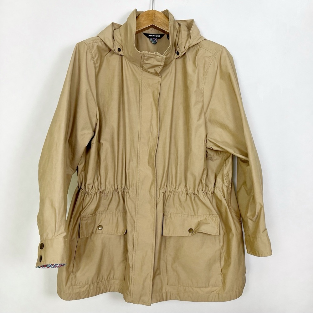 Lands’ End Women’s Tan Beige Hooded Raincoat Trench Jacket Size 3X Zipper